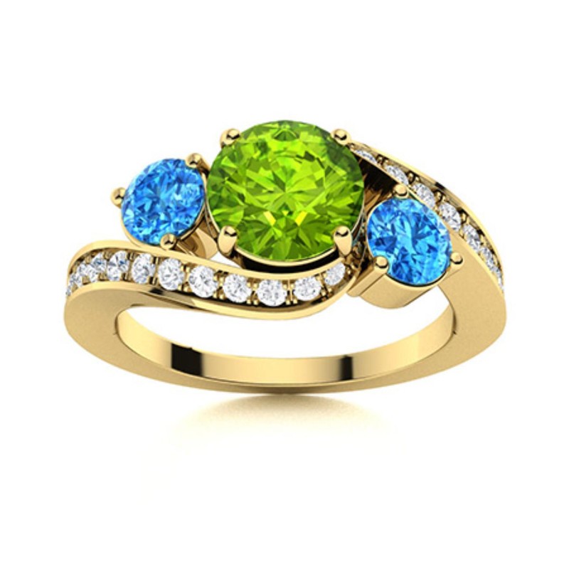 Three Stone Peridot & Swiss Blue Topaz 925 Sterling Silver Gold Plated Ring