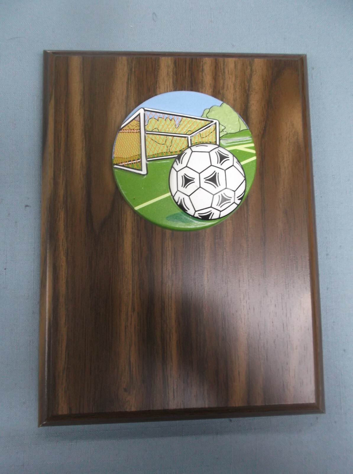 walnut finish soccer plaque 6 x 8 board color resin relief trophy award