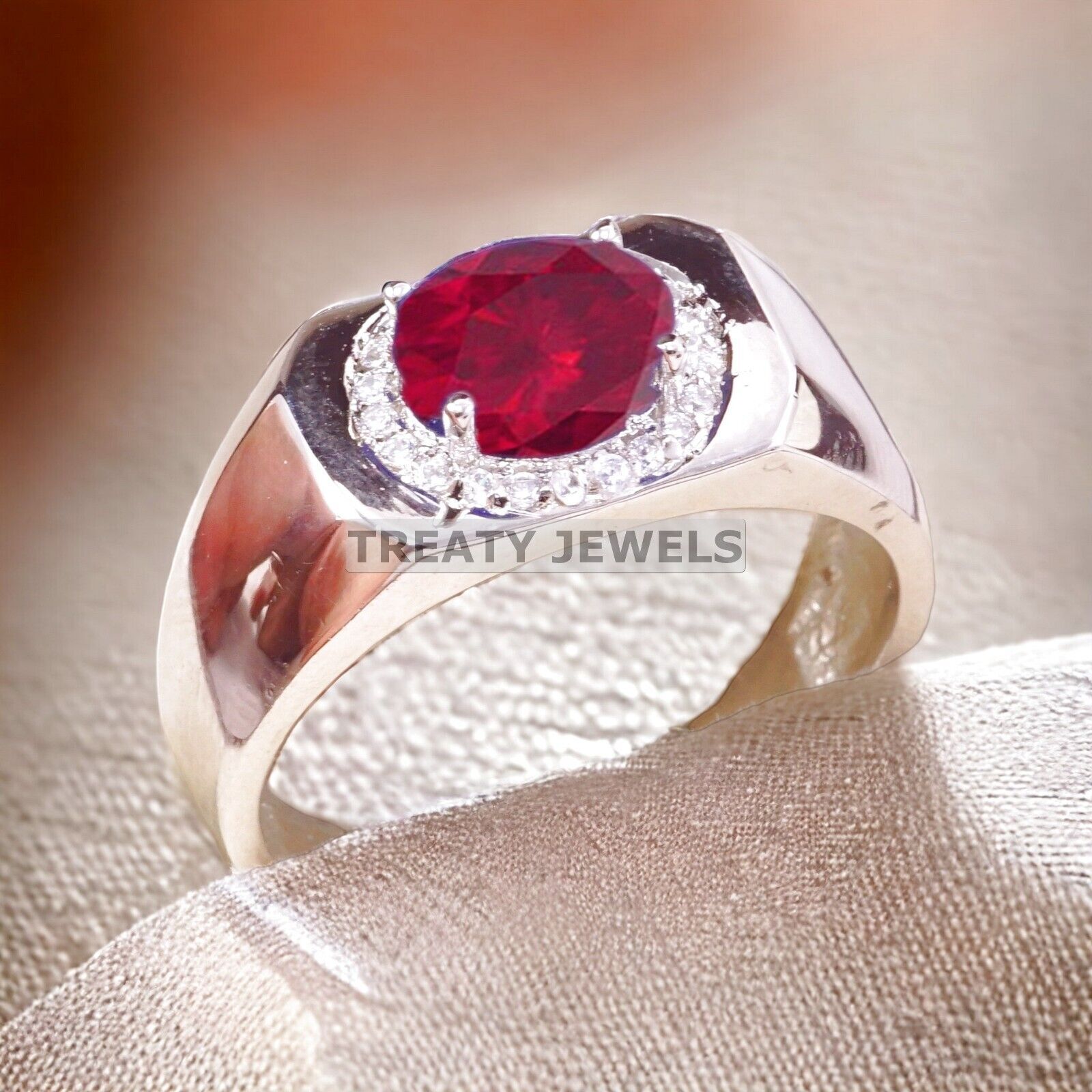 Ruby Oval Cut Gemstone With 14K Solid White Gold Ring For Men's #A514
