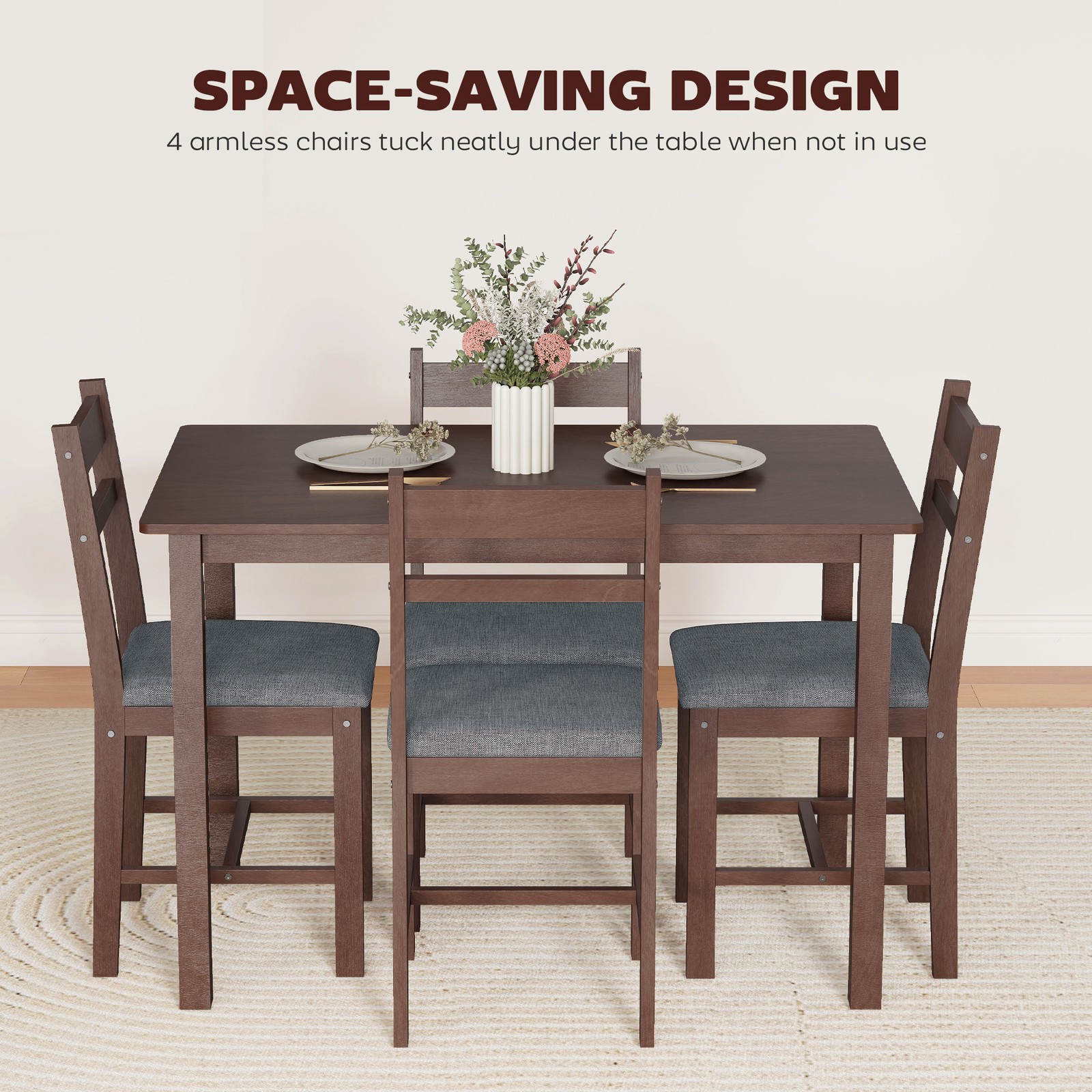 5-Piece Dining Table Set for 4, Kitchen Table and Chairs, Walnut