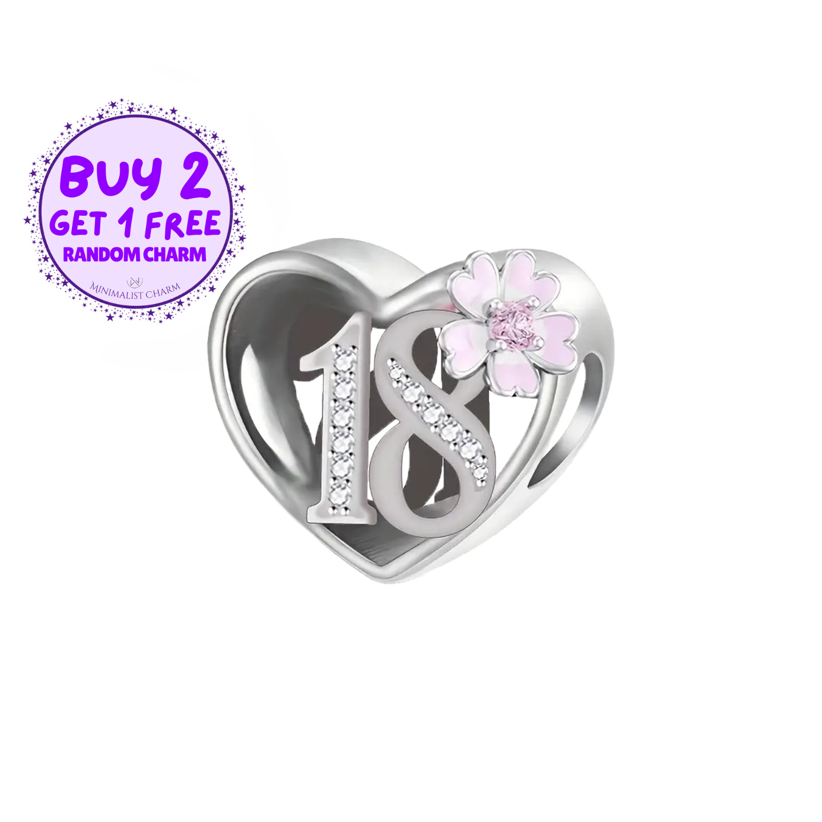 18 Heart Charm For Bracelet, 18th Birthday Charm, Sterling Silver Charm