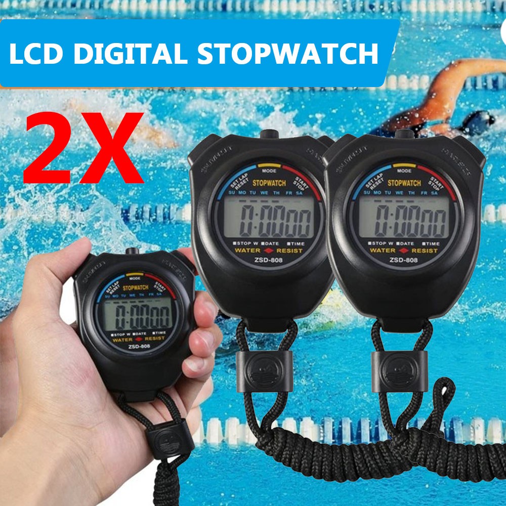 Set of 2  Digital Handheld Sports Stopwatch Waterproof Stop Watch Chronometer US