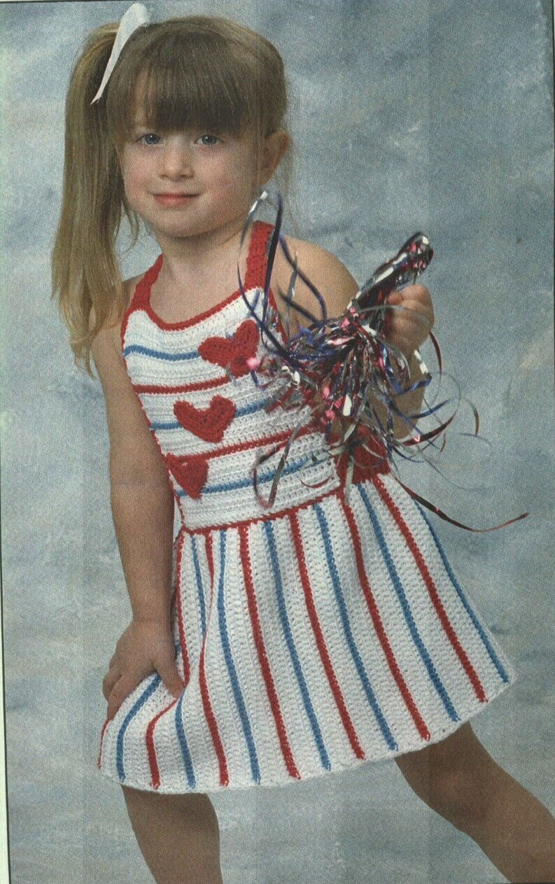 GIRL'S HEARTS AND STRIPES SUNDRESS 3 SIZES CROCHET PATTERN INSTRUCTIONS