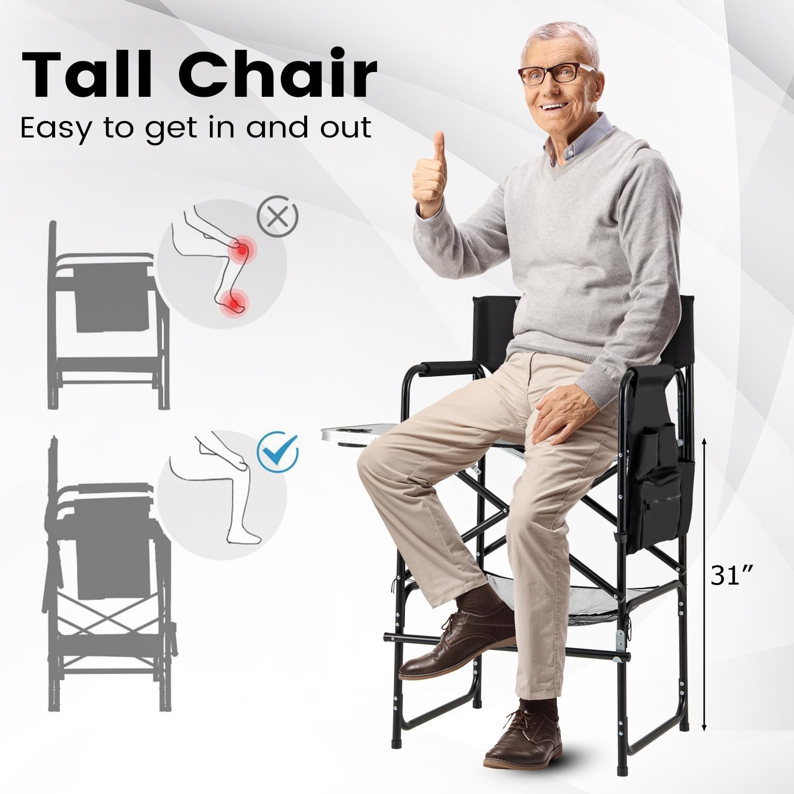 Folding Directors Chair 46in Makeup Chair 31in Seat Height with Side Table