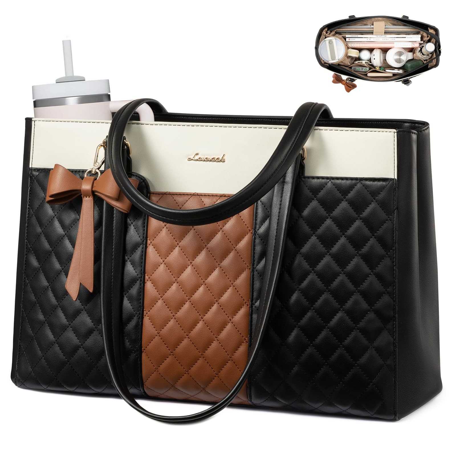 Laptop Tote Bag for Women,17.3 Inch Work Bags PU Leather Teacher Tote Bag,Wat...