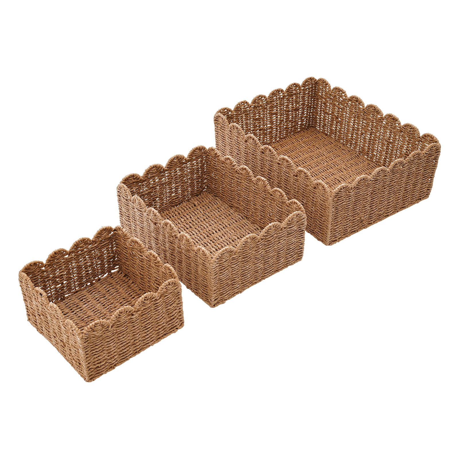 3-Piece Woven Storage Baskets Set Brown Rectangular Baskets for Desktop Organize
