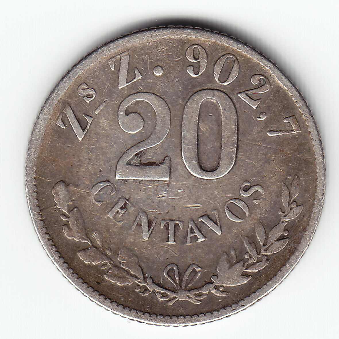 MEXICO 20 centavos 1903-Zs KM405.3 Ag903 Toned ABOVE AVERAGE minted 143,000 RARE