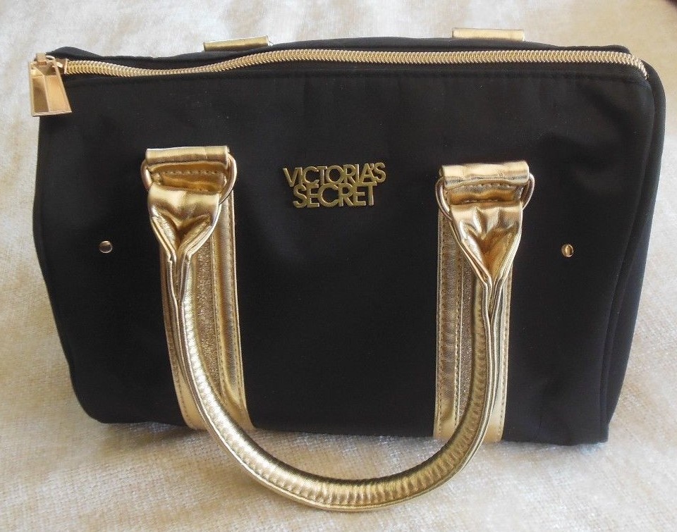 Victoria's Secret Black/Gold-tone Fabric Handbag/Cosmetic Bag
