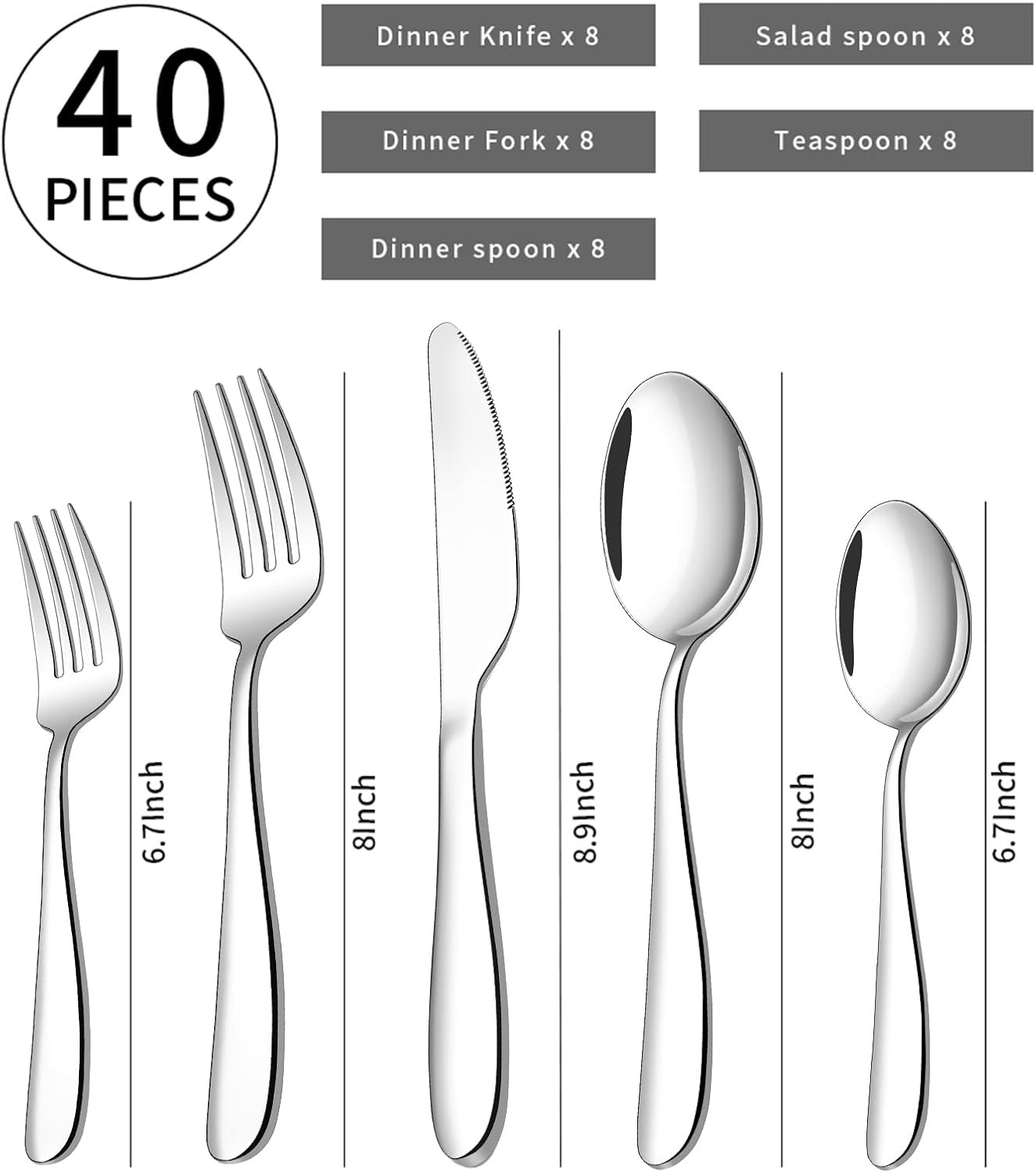 40 Piece Silverware Set for 8, Stainless Steel Flatware, Kitchen Utensils