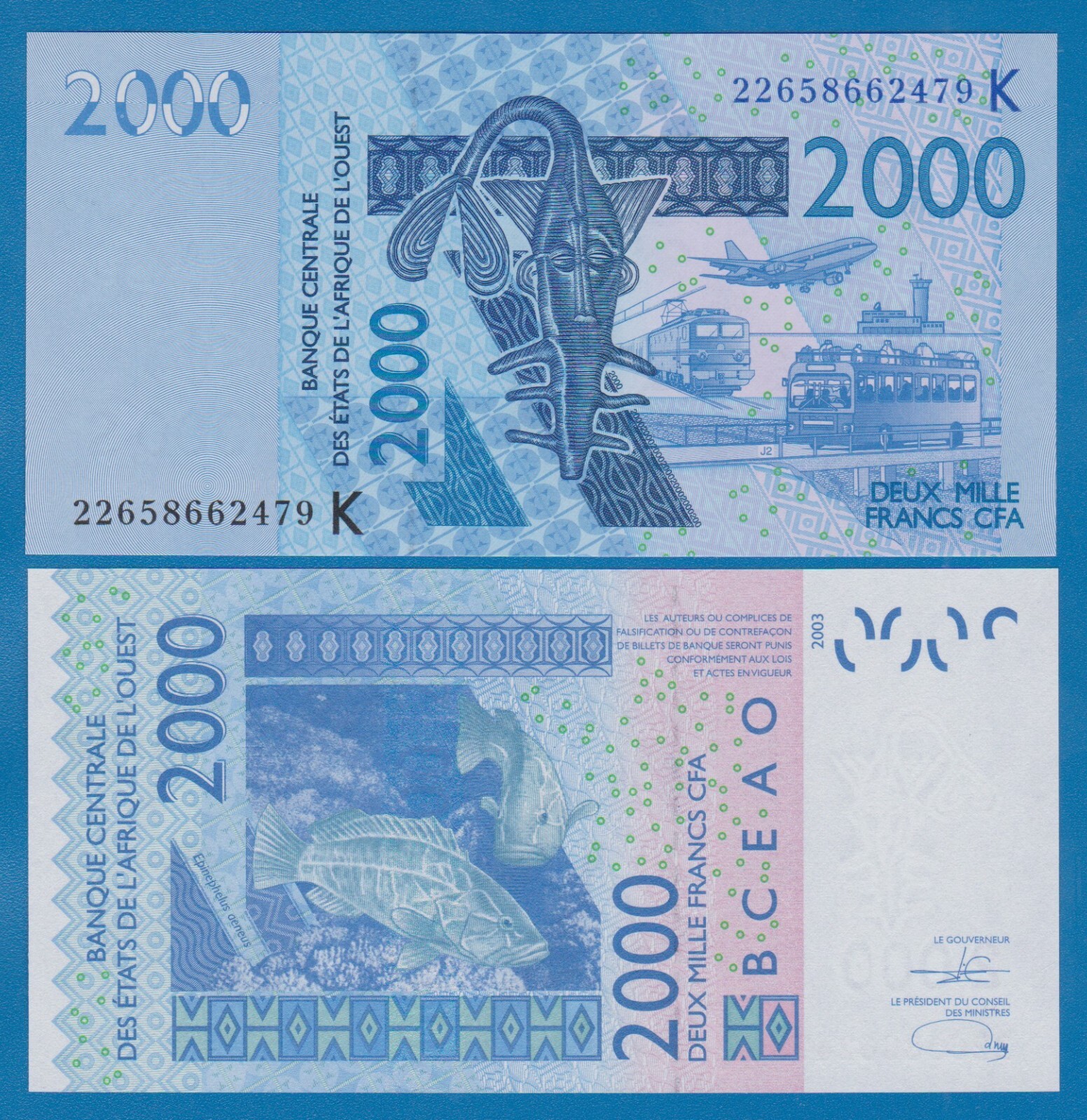West African States 2000 Francs P 716K 2022 (2003) UNC "K" Senegal ( P 716 K )