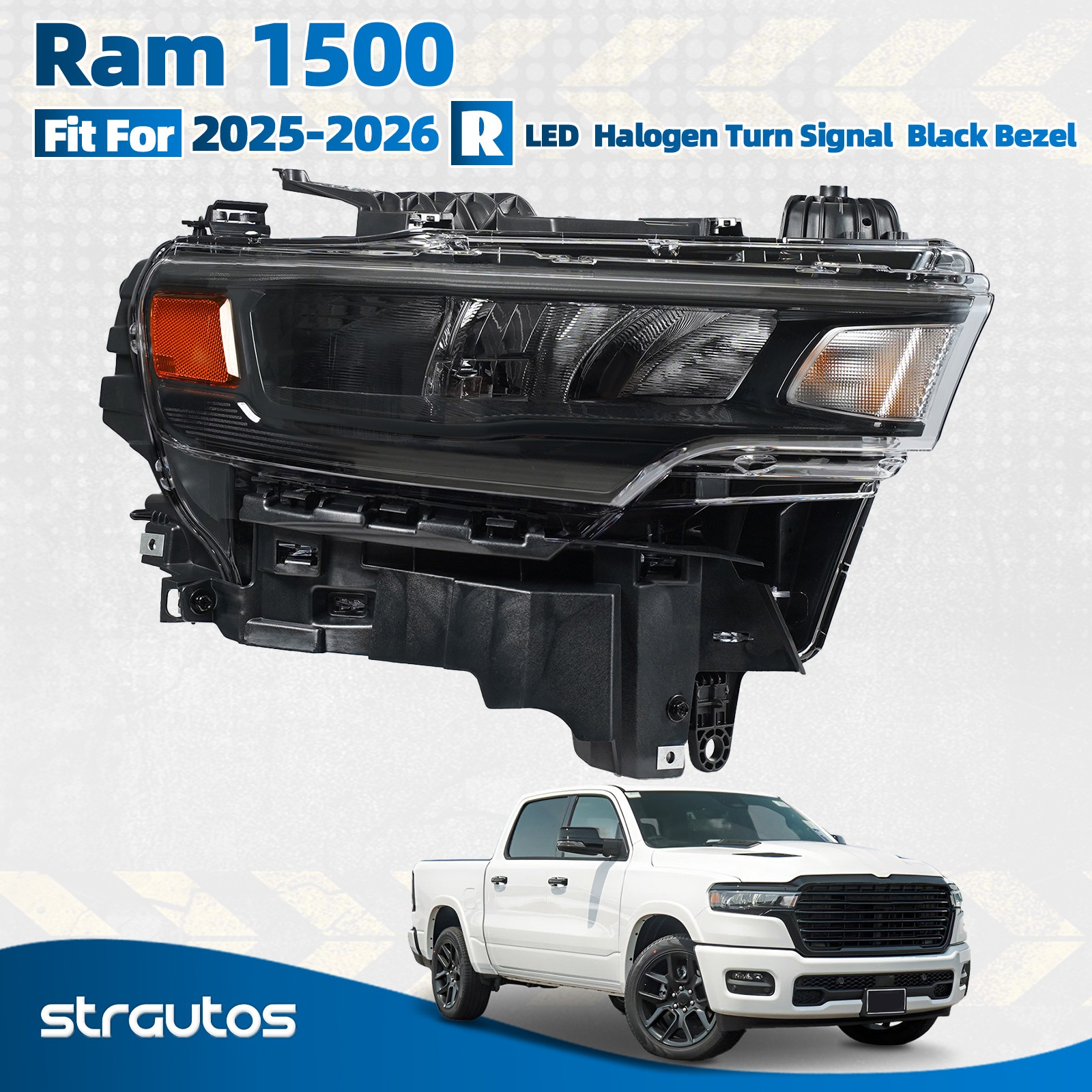 For 2025-2026 Ram 1500 LED Headlight Halogen Turn Signal Black Trim Passenger R