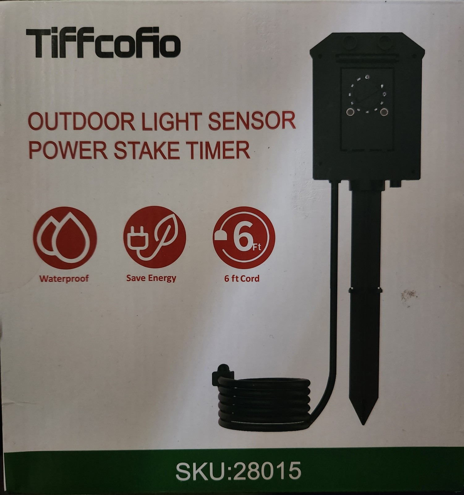 Tiffcofio Outdoor Light Sensor Power Stake Timer Waterproof 6Ft Cord 6 Outlets