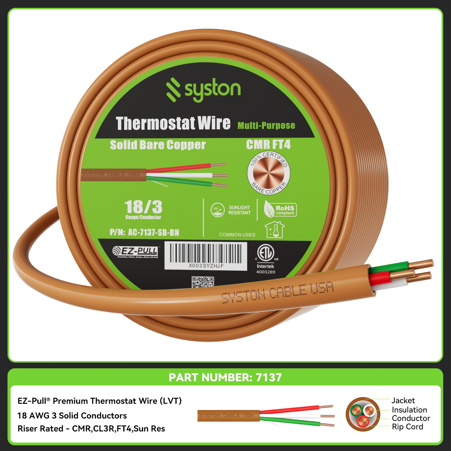 Syston 18/3 Thermostat Doorbell HVAC Cable Wire 100 ft 100% Copper 18 Gauge CL3R