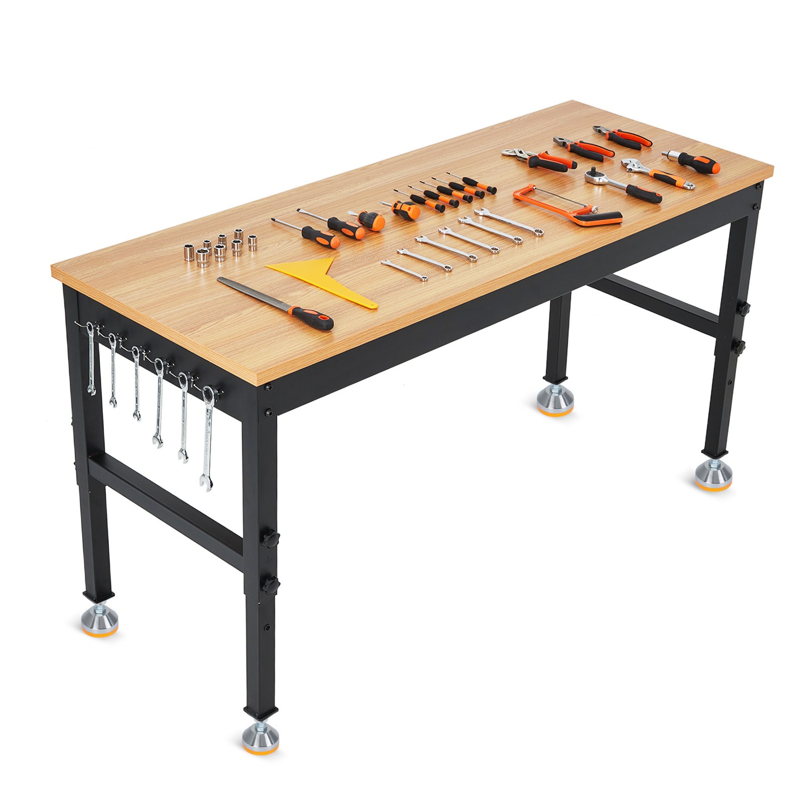 48 Inch Adjustable Workbench Rubberwood Tabletop Work Bench Built-in Power Strip