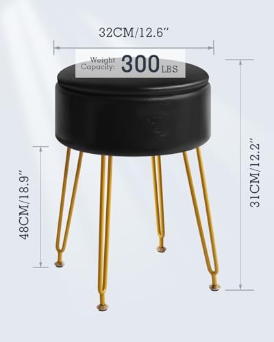 Faux Leather Round Footrest Stool with Storage Ottoman, PU storage Black