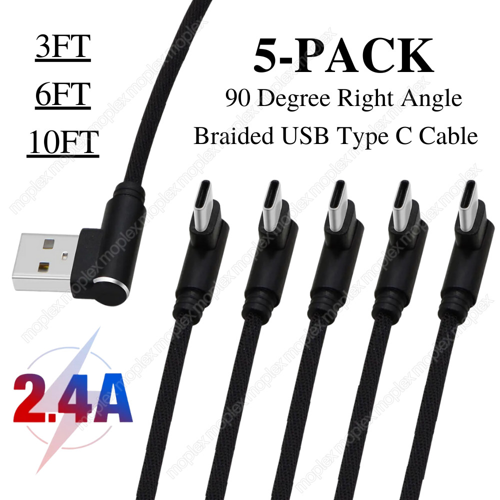 5 PACK 90 Degree Angle USB-A to USB-C Charger Cable Fast Charging Type Sync Cord
