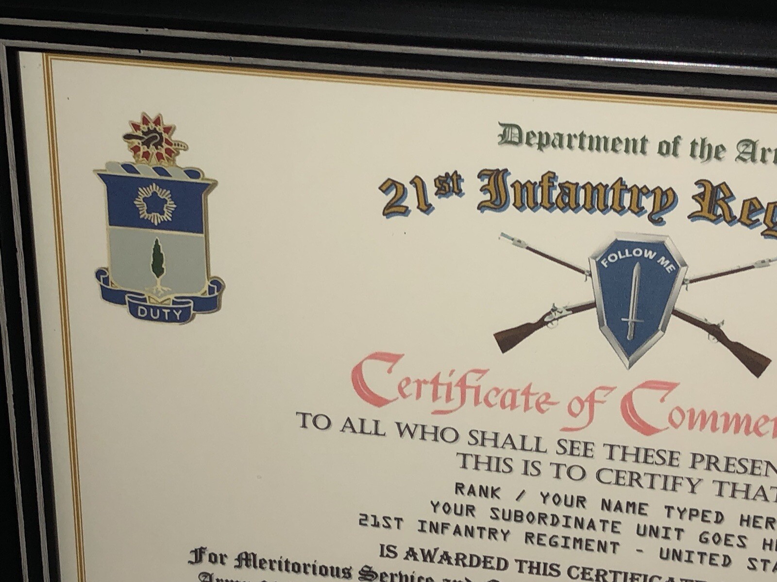 21ST INFANTRY REGIMENT / COMMEMORATIVE - CERTIFICATE OF COMMENDATION