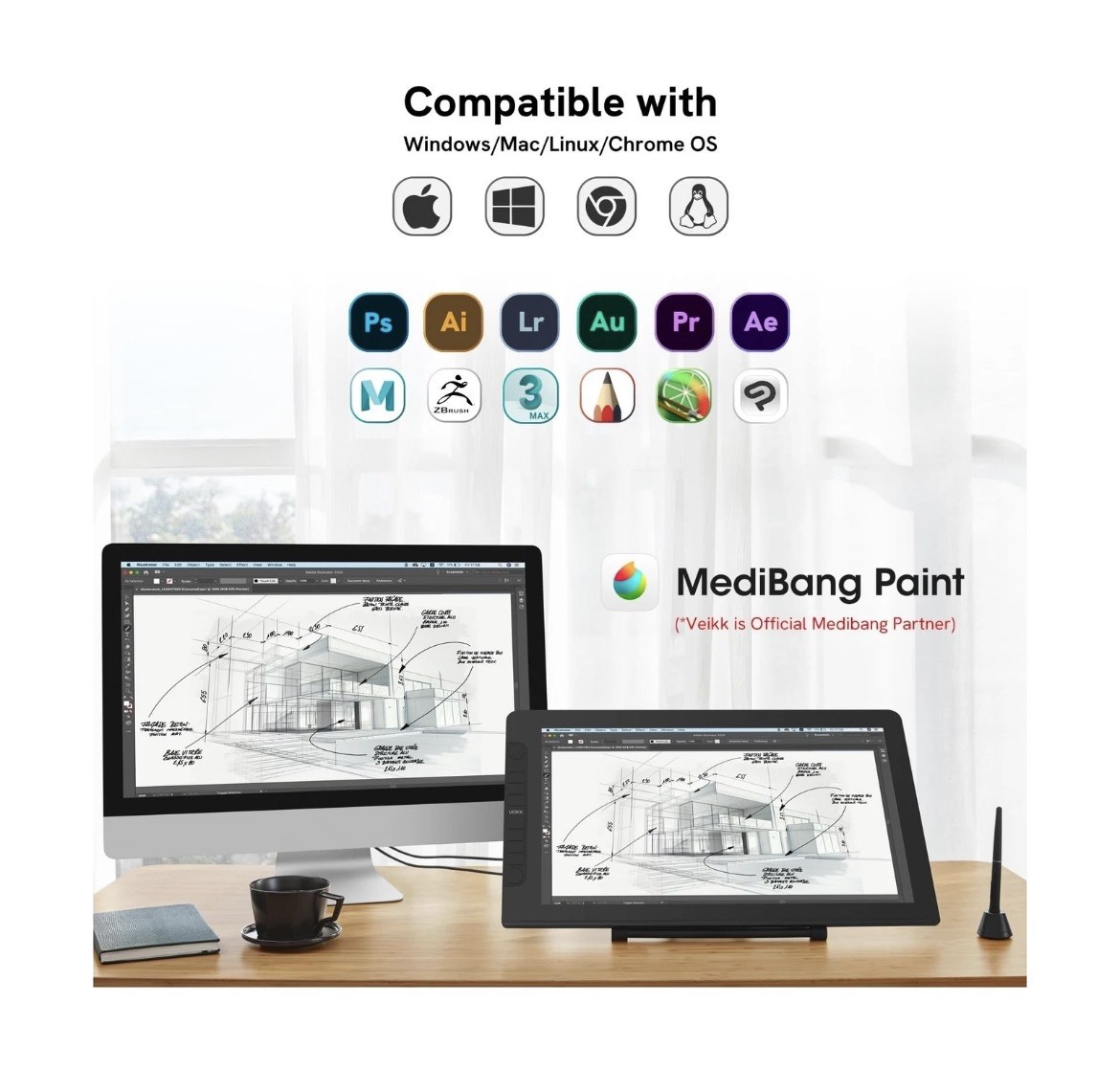 Drawing Tablet with Screen,VEIKK VK2200PRO Drawing Monitor,21.5 Inch Full-Lam