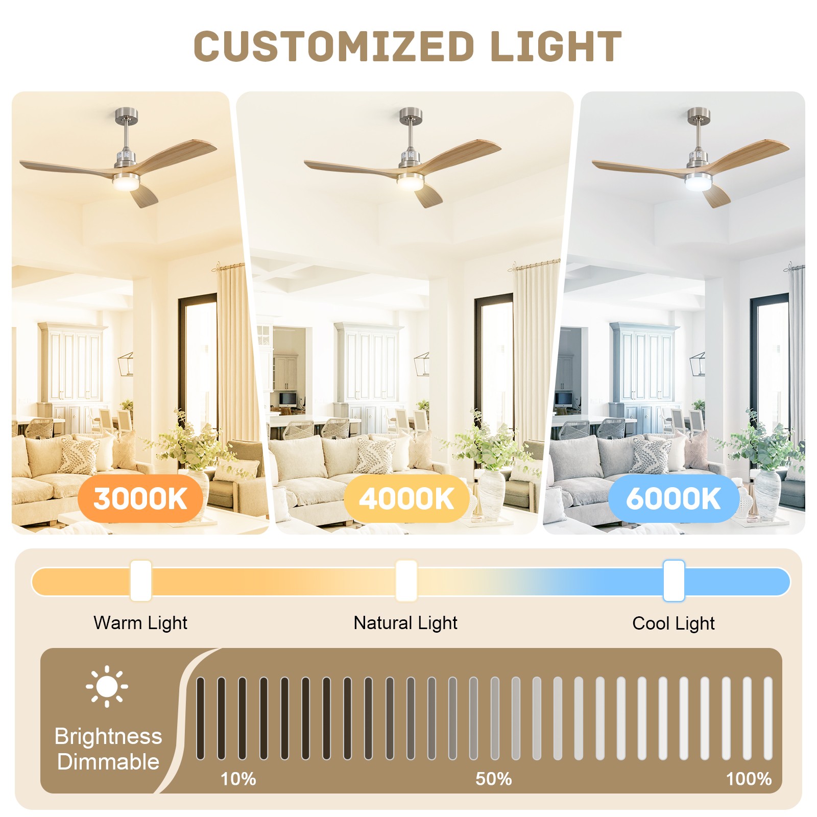 52'' Smart Wood Ceiling Fan w/ Stepless Dimmable LED Work with APP Google/Alexa