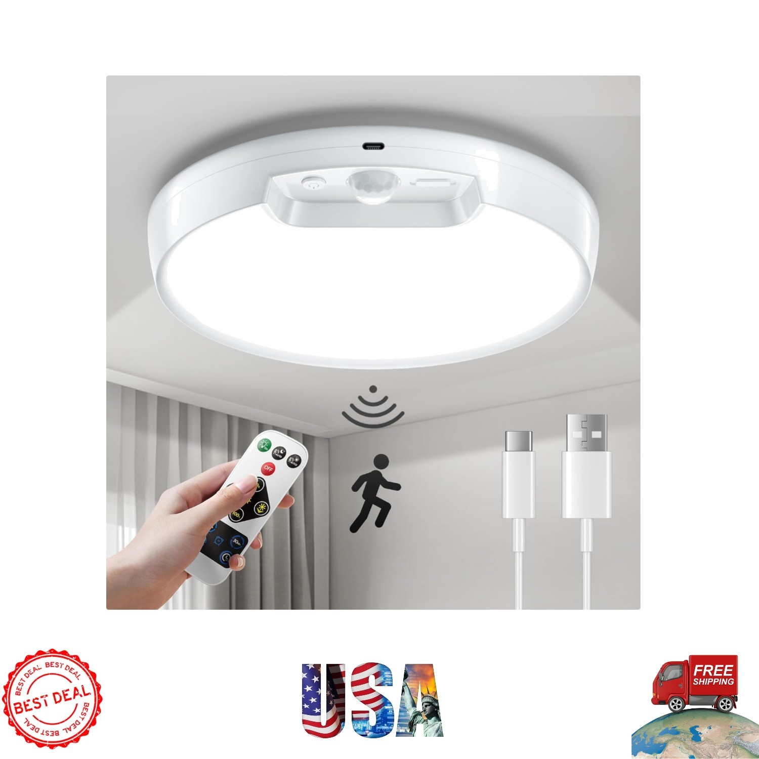 Stylish Rechargeable Ceiling Light - Waterproof, Motion Sensor & Remote Control