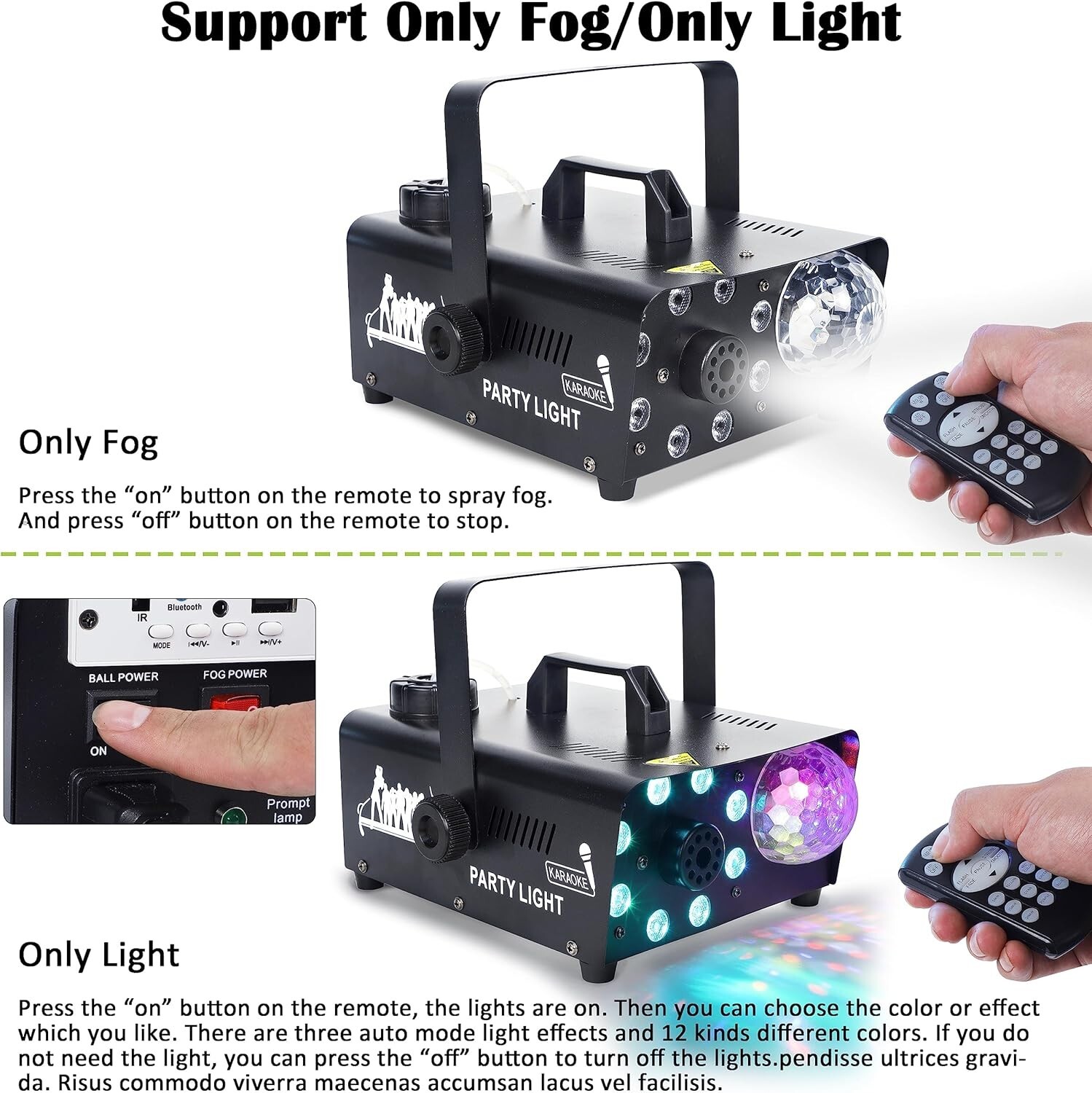Fog Machine with 8 LED Lights and Disco Ball, Wireless Remote Control Bluetooth