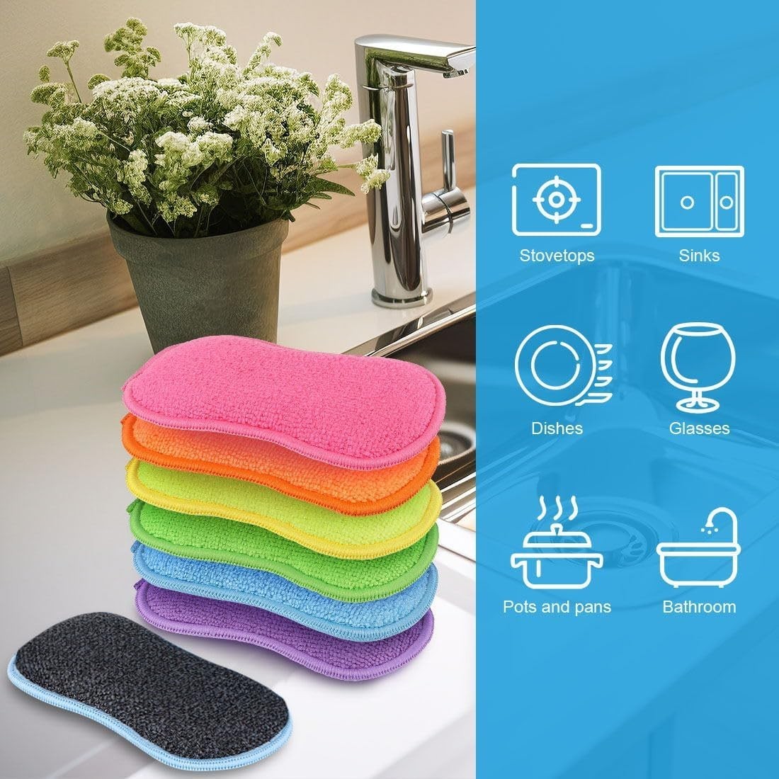 6 Pack Multi-Purpose Scrub Sponges Kitchen, Dish Sponge, Non-Scratch Microfiber