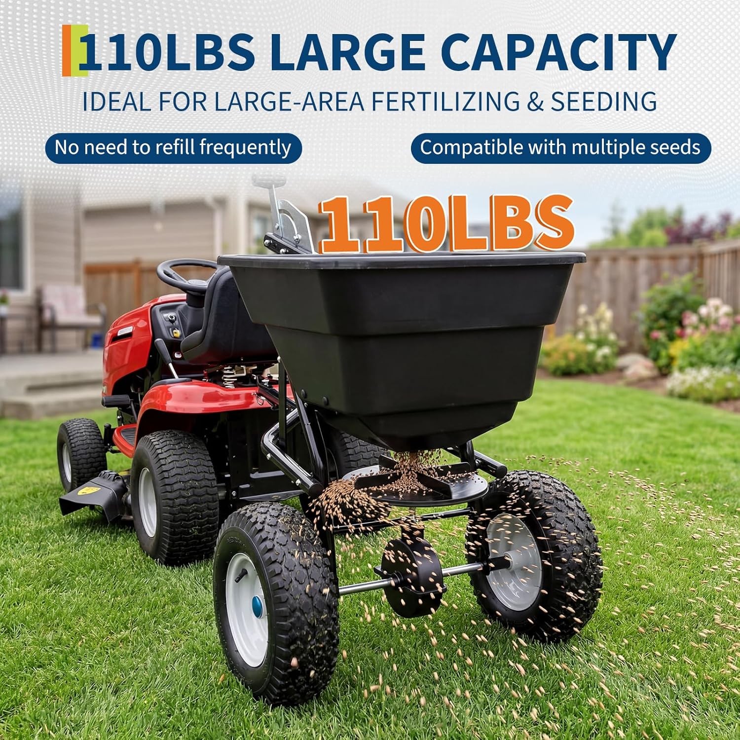 110 LBS Tow Behind Broadcast Spreader Universal Hitch Adjustable Flow Control