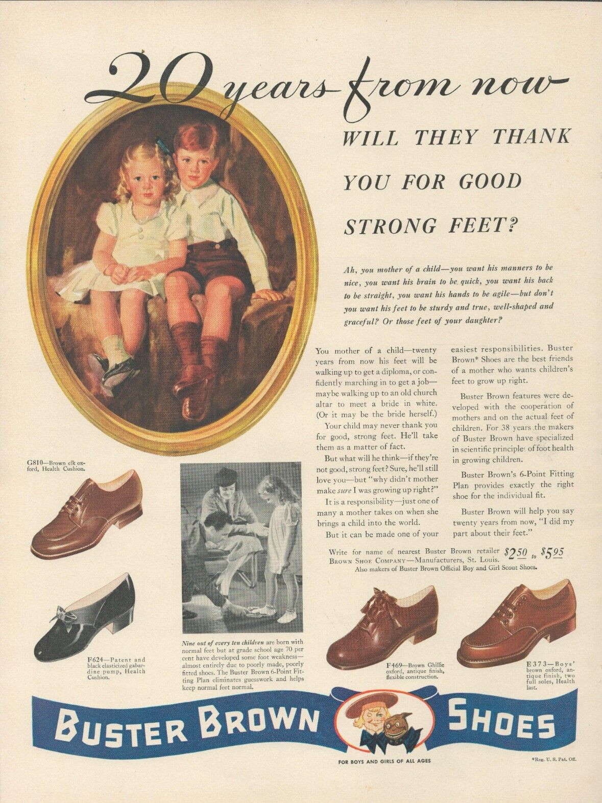 1941 Buster Brown Shoes Will They Thank You For Good Strong Feet Vtg Print Ad