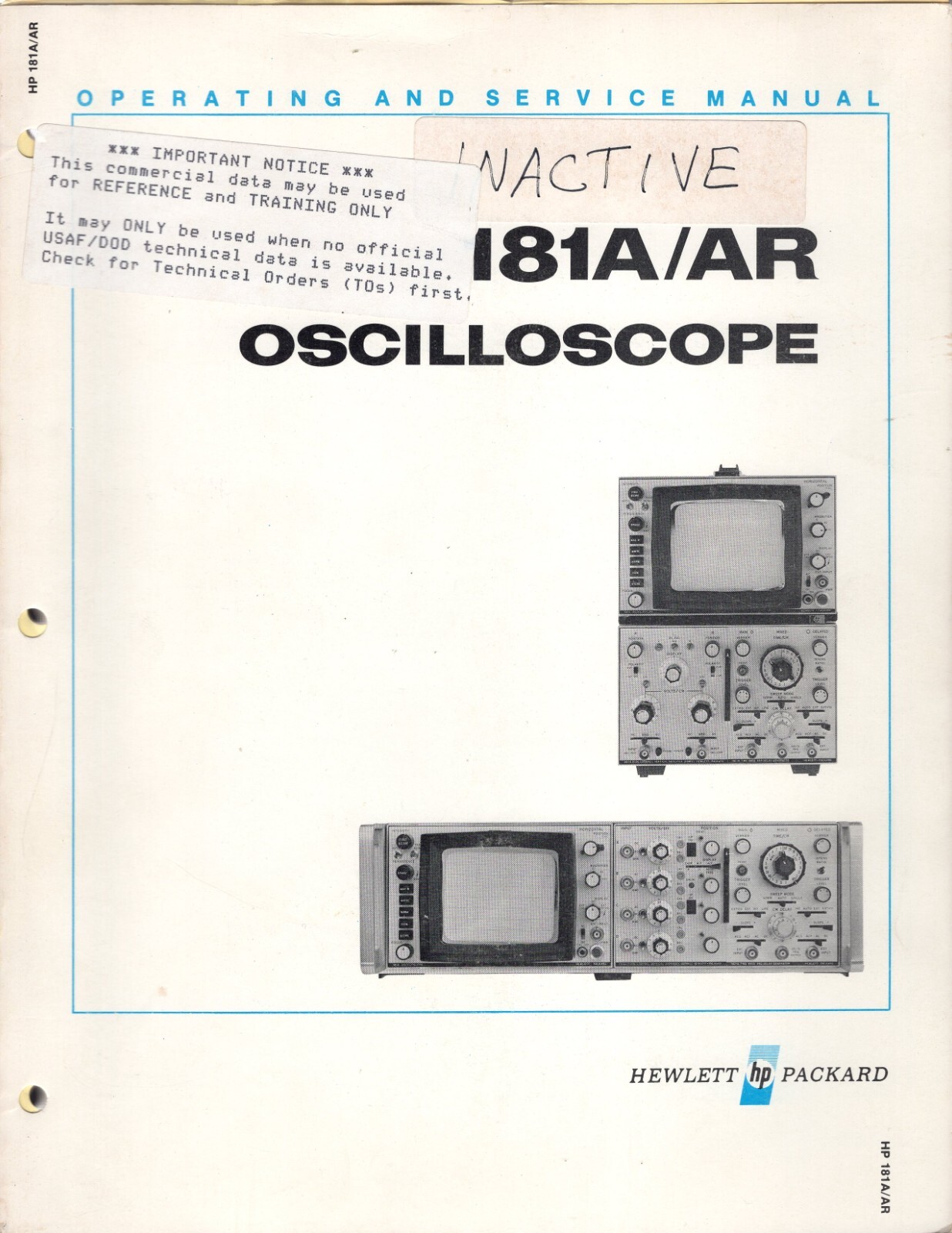 Original Hewlett Packard 181A/AR Oscilloscope Op&Svc Manual 00181-90916 SEP 1976