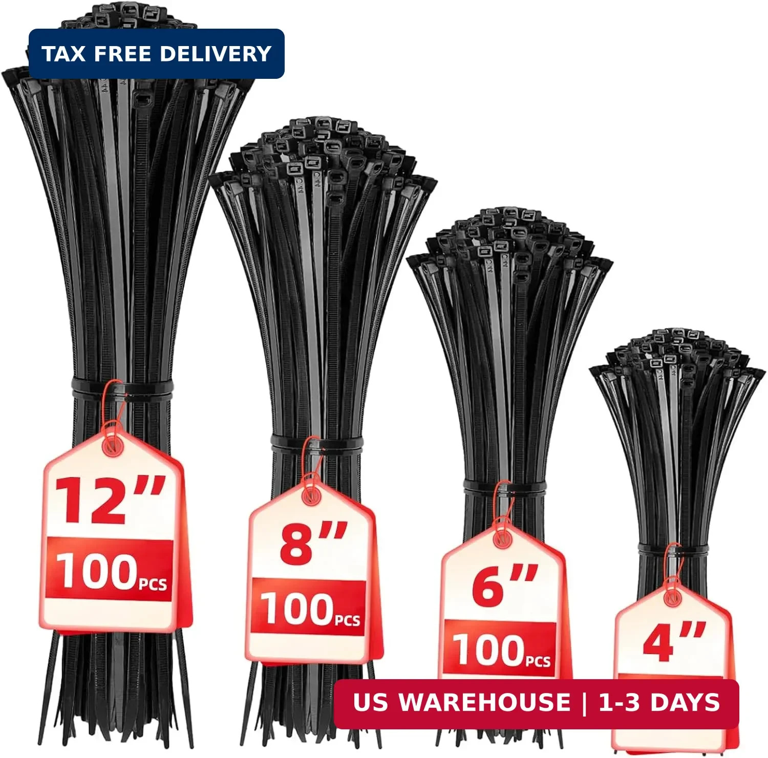 Cable Zip Ties,400 Pack Black Assorted Sizes 12+8+6+4 Inch,Multi-Purpose Self-Lo