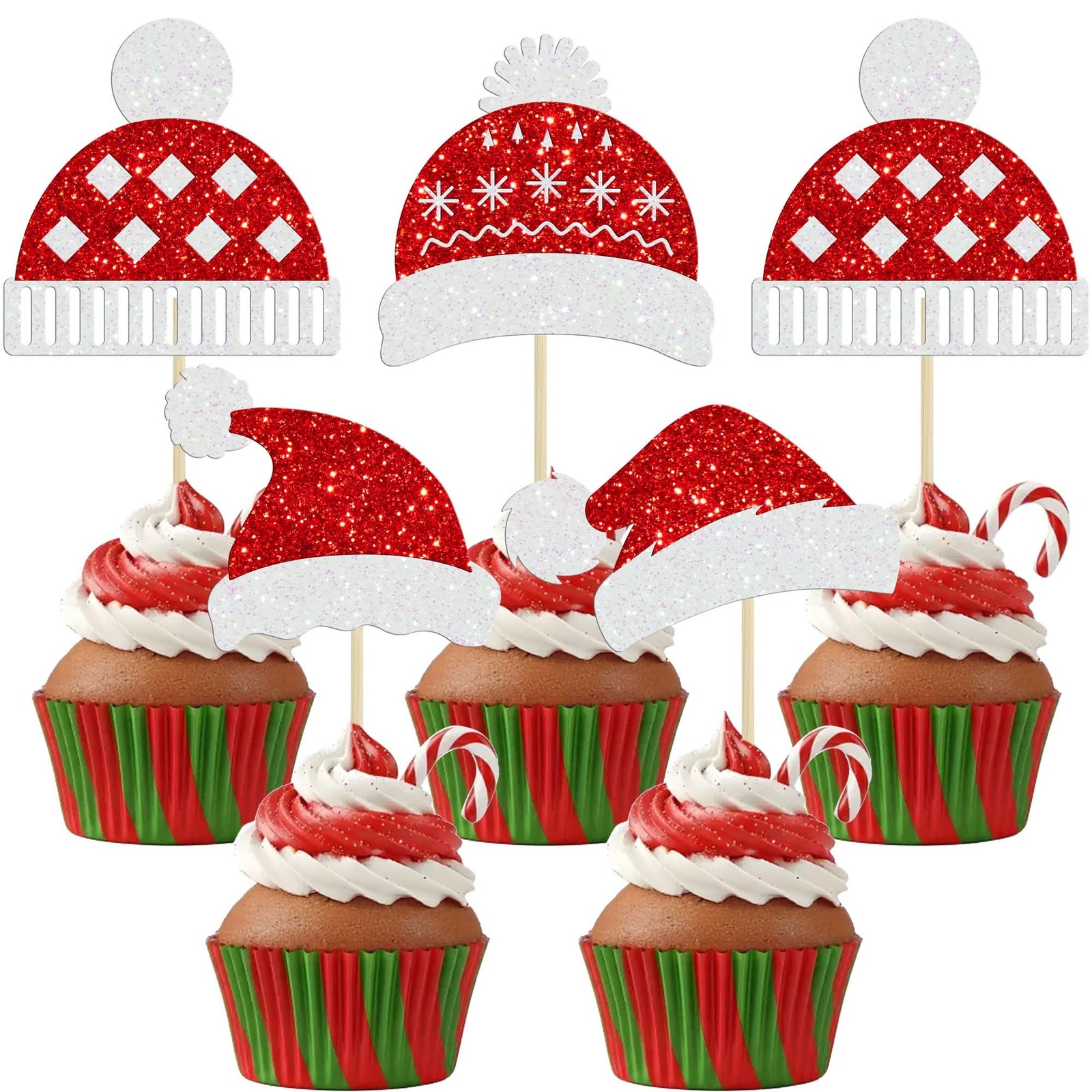 Gyufise 24Pcs Christmas Cupcake Toppers Santa Hats Xmas Holiday Party Cake De...