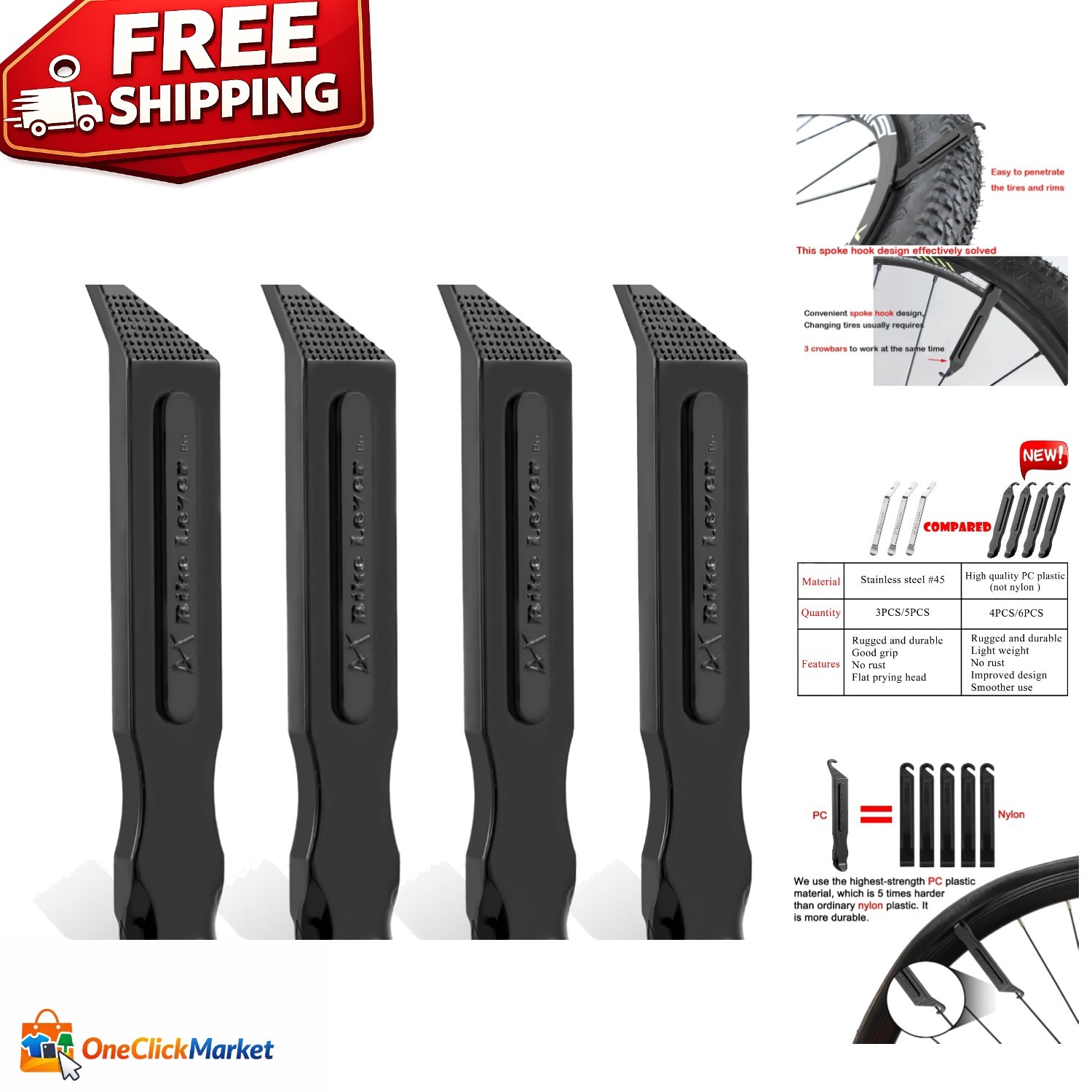 Sleek and Strong Bike Tire Levers - 4 Count Set for Effortless Tire Changes