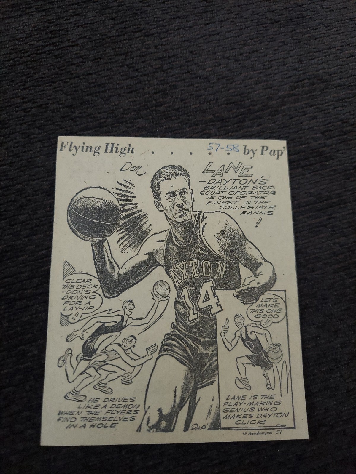 Don Lane Dayton Basketball Vintage Comic Sport Drawing Newspaper Clipping By Pap