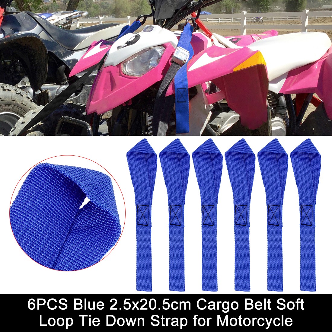 6PCS Blue 2.5x20.5cm Cargo Belt Soft Loop Tie Down Strap for Motorcycle