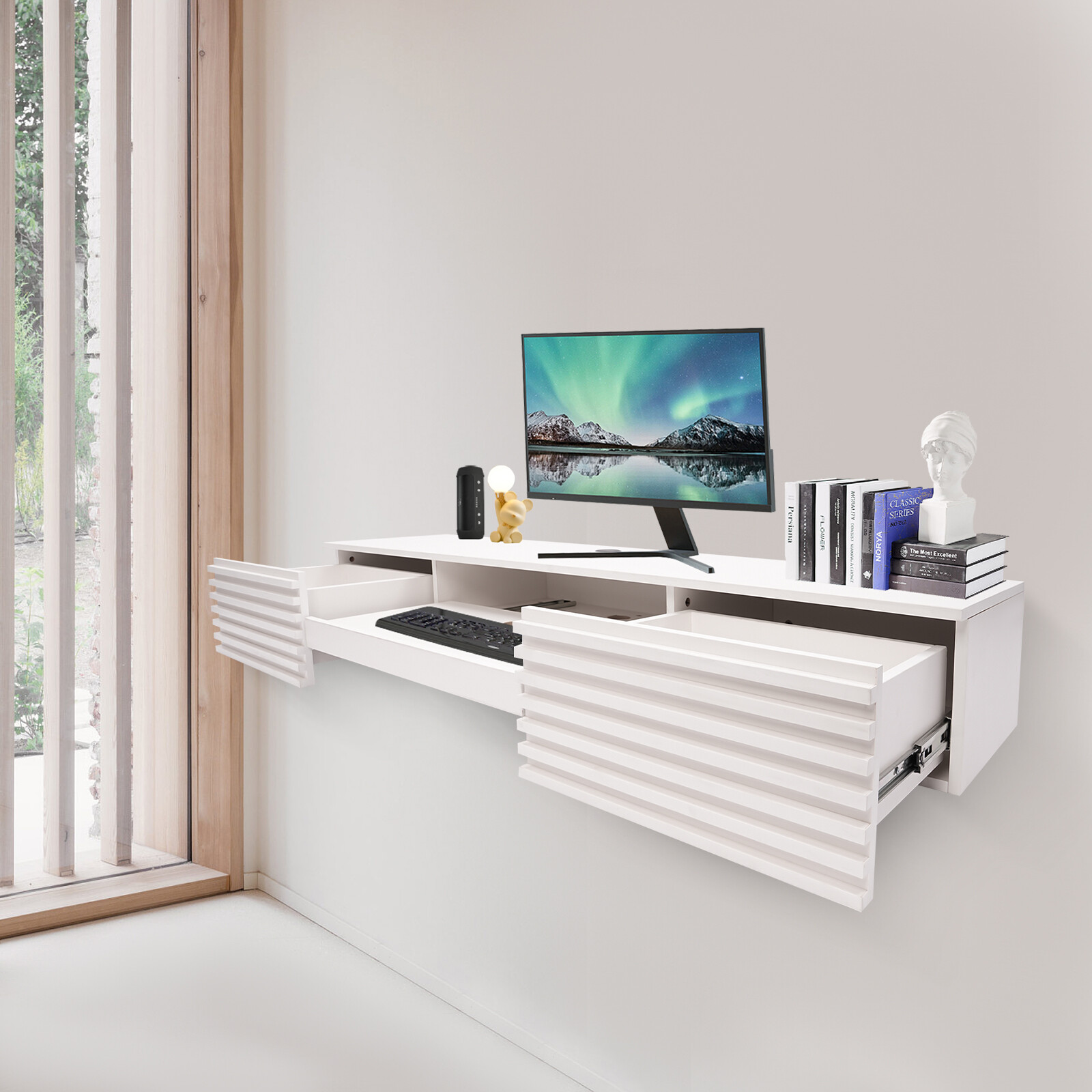 White Floating Wall Mounted Desk with Pull Out Drawer Wall Organizer 120lbs