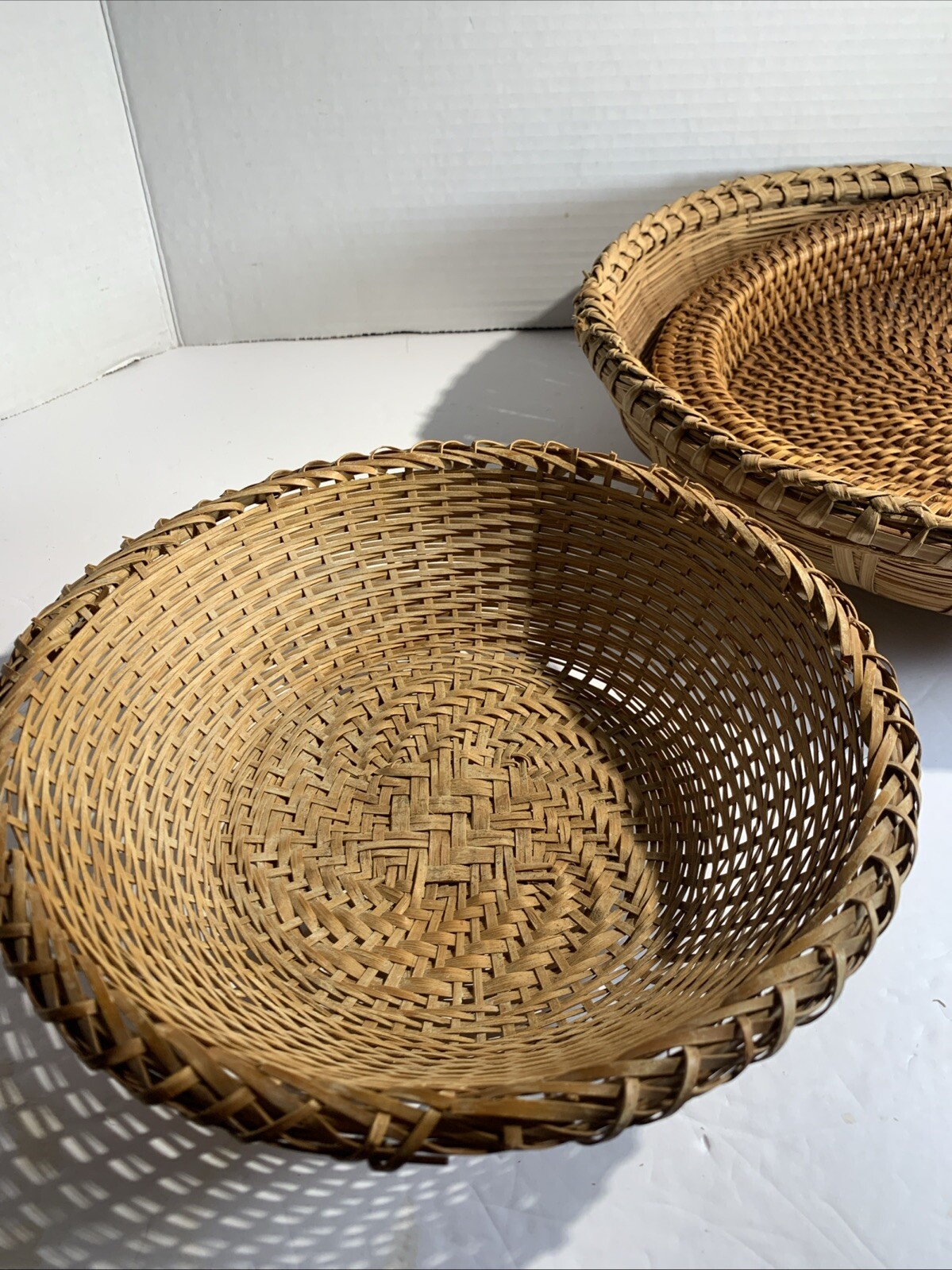 Vintage Round Eastern Bread Basket~ Detailed Weaving 10” Warm Beige Boho Cottage