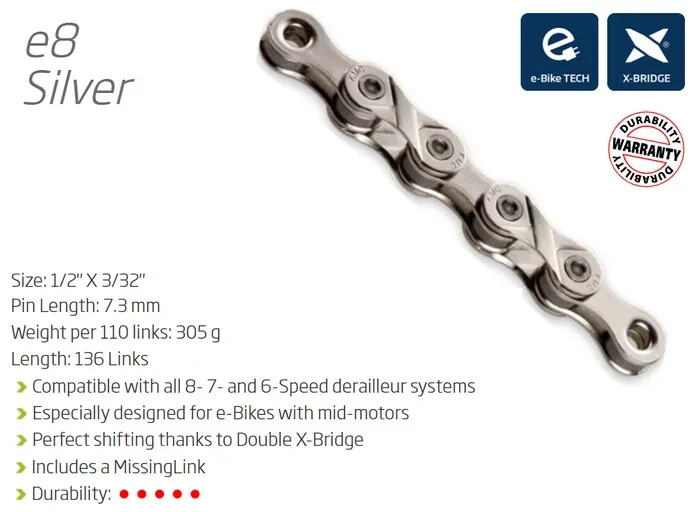KMC E8  6 7 8 Speed E-Bike Chain — 136 Links  Silver  E Bicycle upto 8spd E8