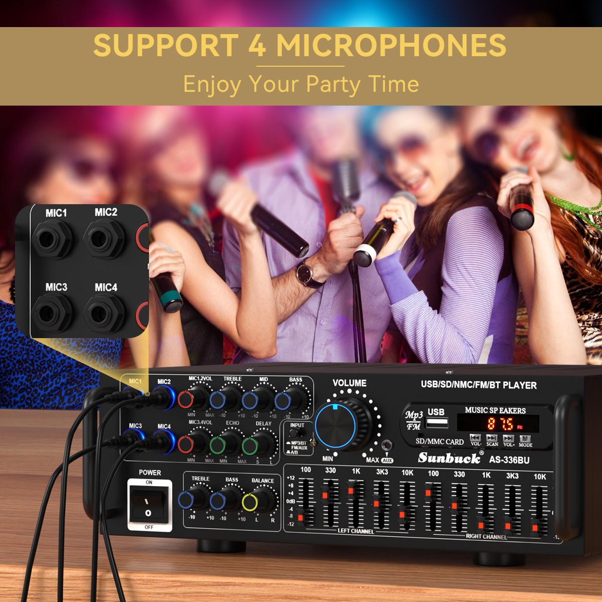 SUNBUCK 400W RMS 2000W Peak Stereo Amp BT 5.0 USB/SD FM Mic Inputs Home Car