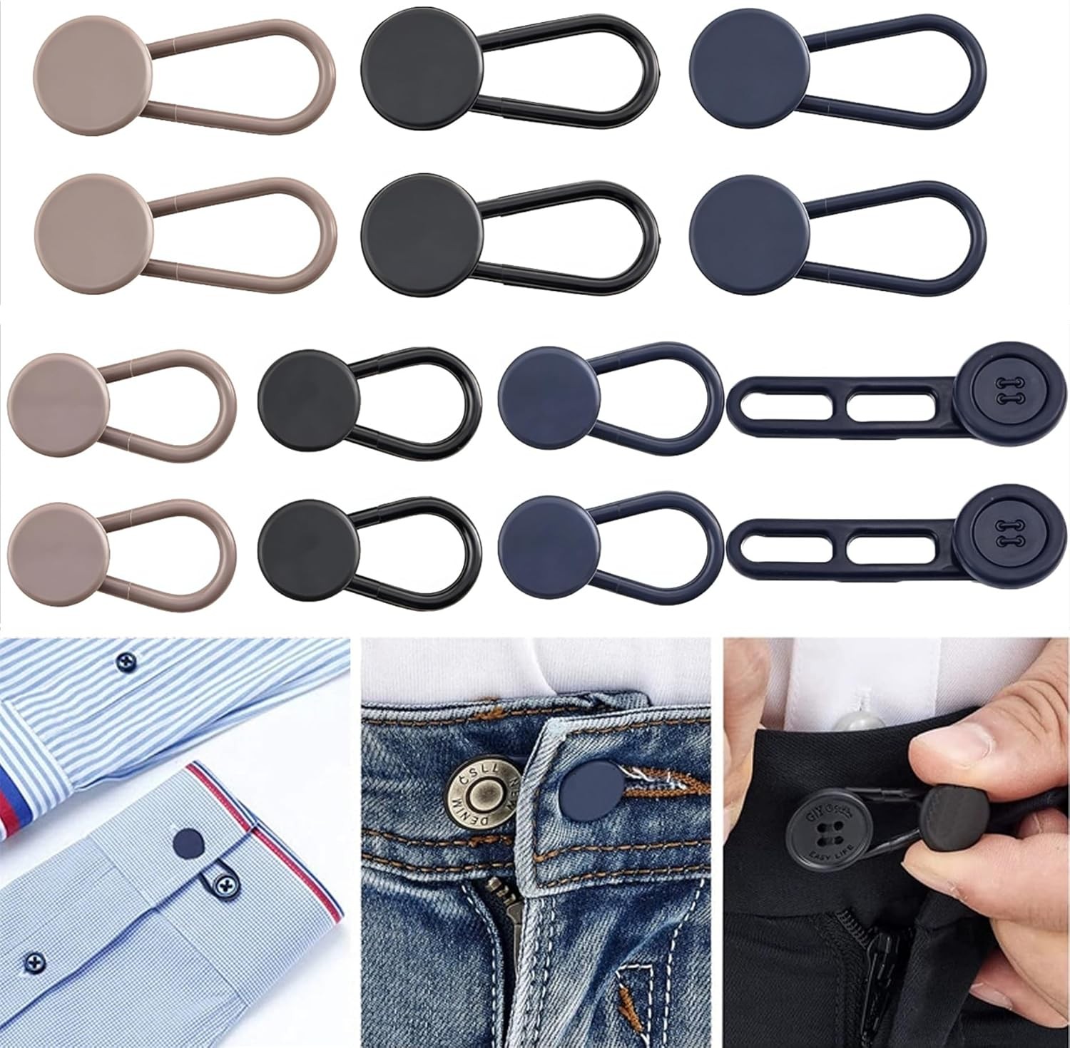 14 PCS Button Extenders for Jeans & Pants - Black, Blue, and Khaki
