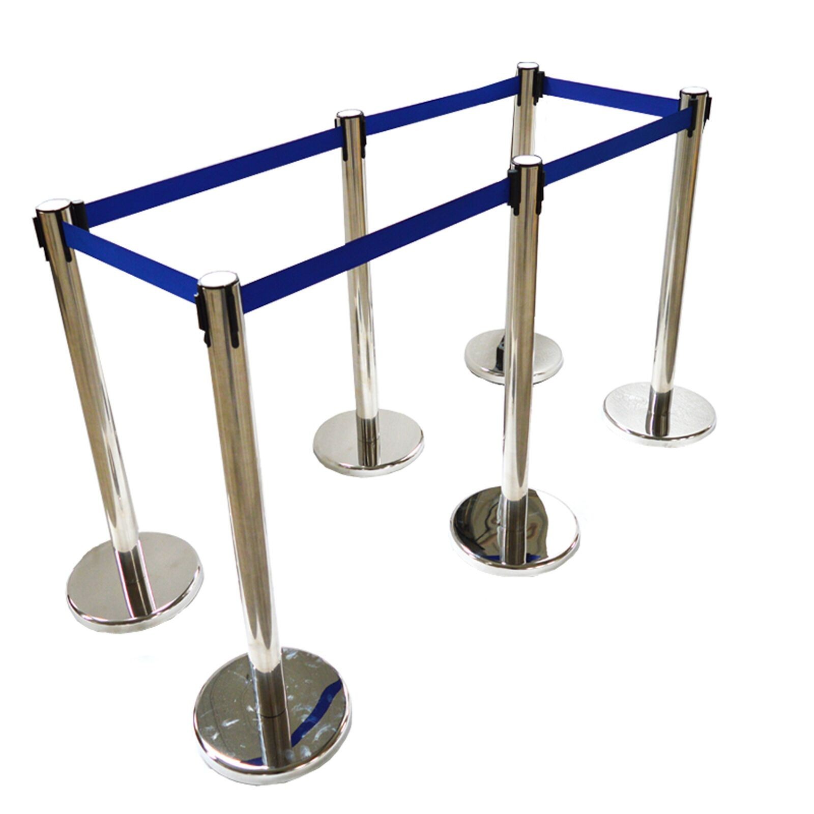 6 PCS Stainless Steel Stanchions with Blue Belts Posts Covers and Bases Blue Ret