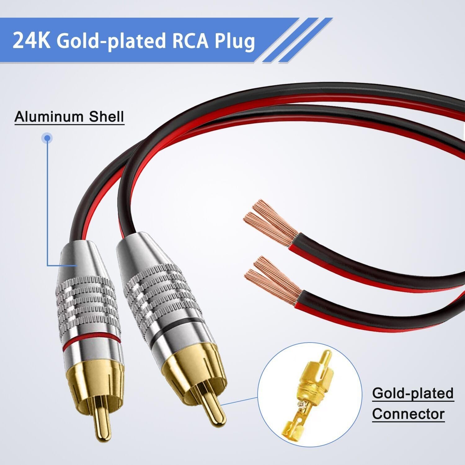Bukeer 2 Pack Speaker Bare Wire Cables to RCA Plugs 1FT, Black and Red