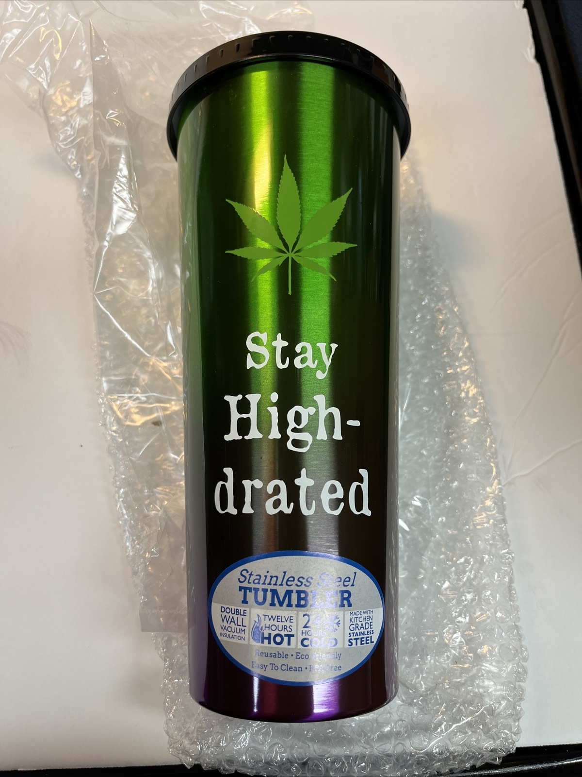Brand New 24 oz Anodized Green tumbler with Straw - Marijuana Leaf