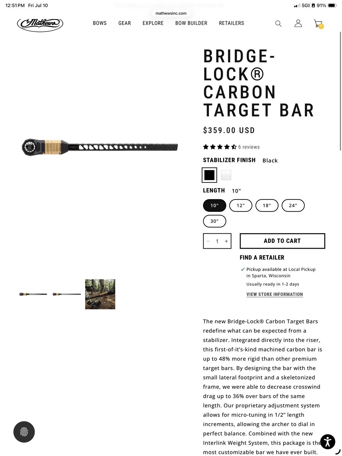 Mathews 10” Bridge Lock Carbon Target Bar Very Lightly Used! + 5oz Brass Weights