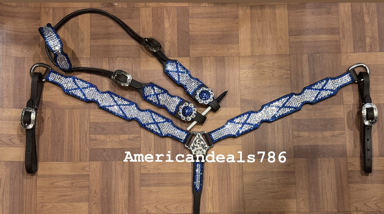 Western Brown Leather Bedazzle Bling Tack Set With Blue & White Crystal Stones