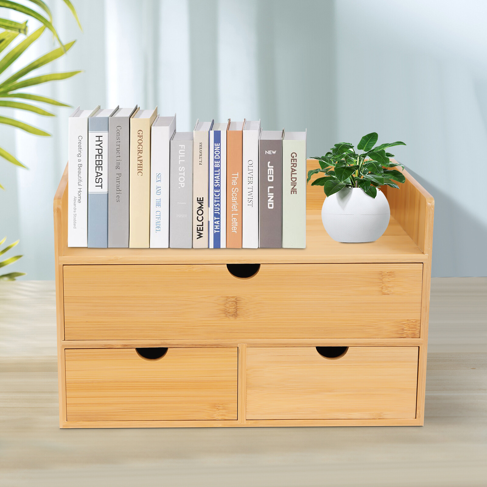3 Drawers Raw Wood Color Tabletop Storage Box Bamboo Desk Organizer Fit Office