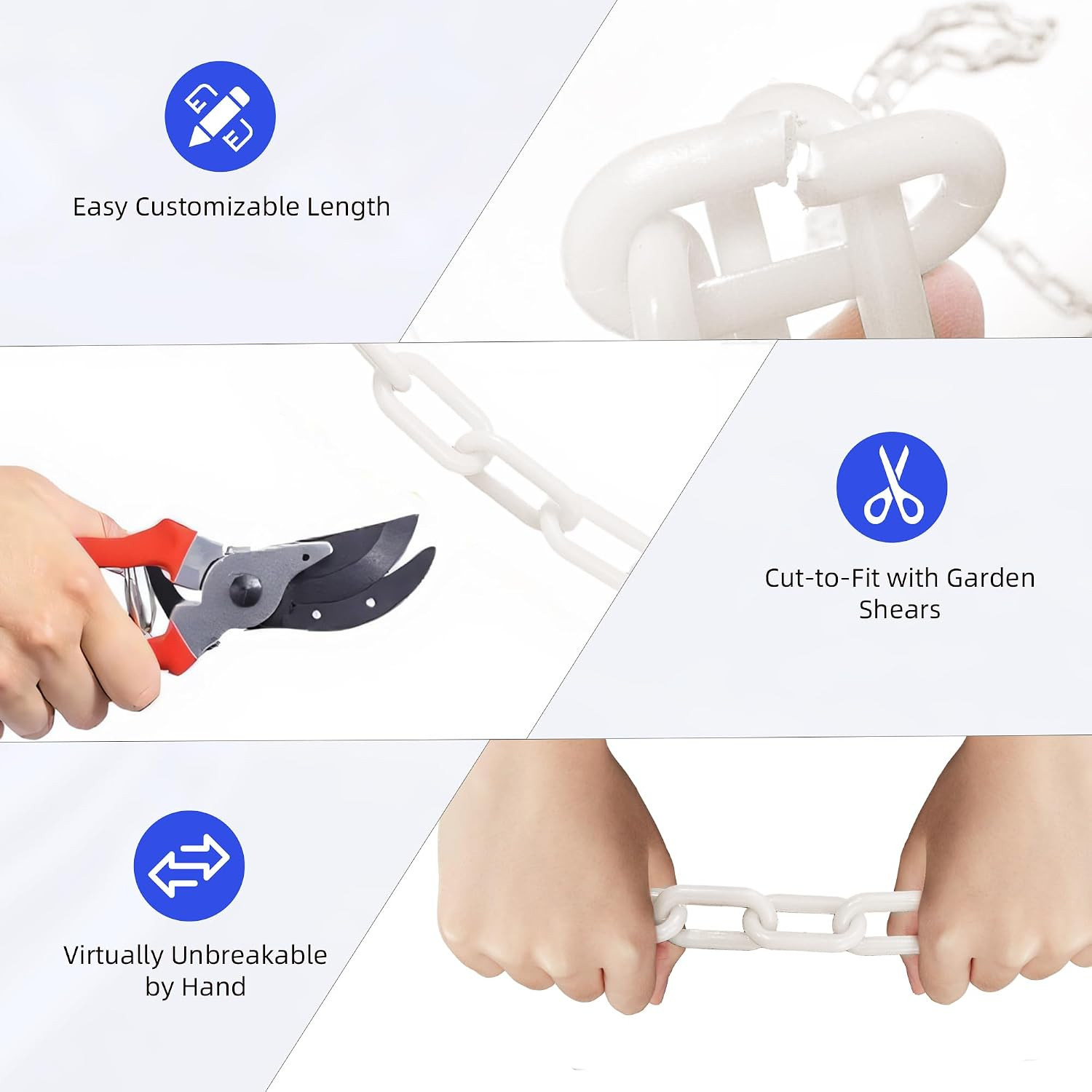 White Plastic Chain 25ft, 1.42" Link, High Visibility Plastic Chain Barrier for