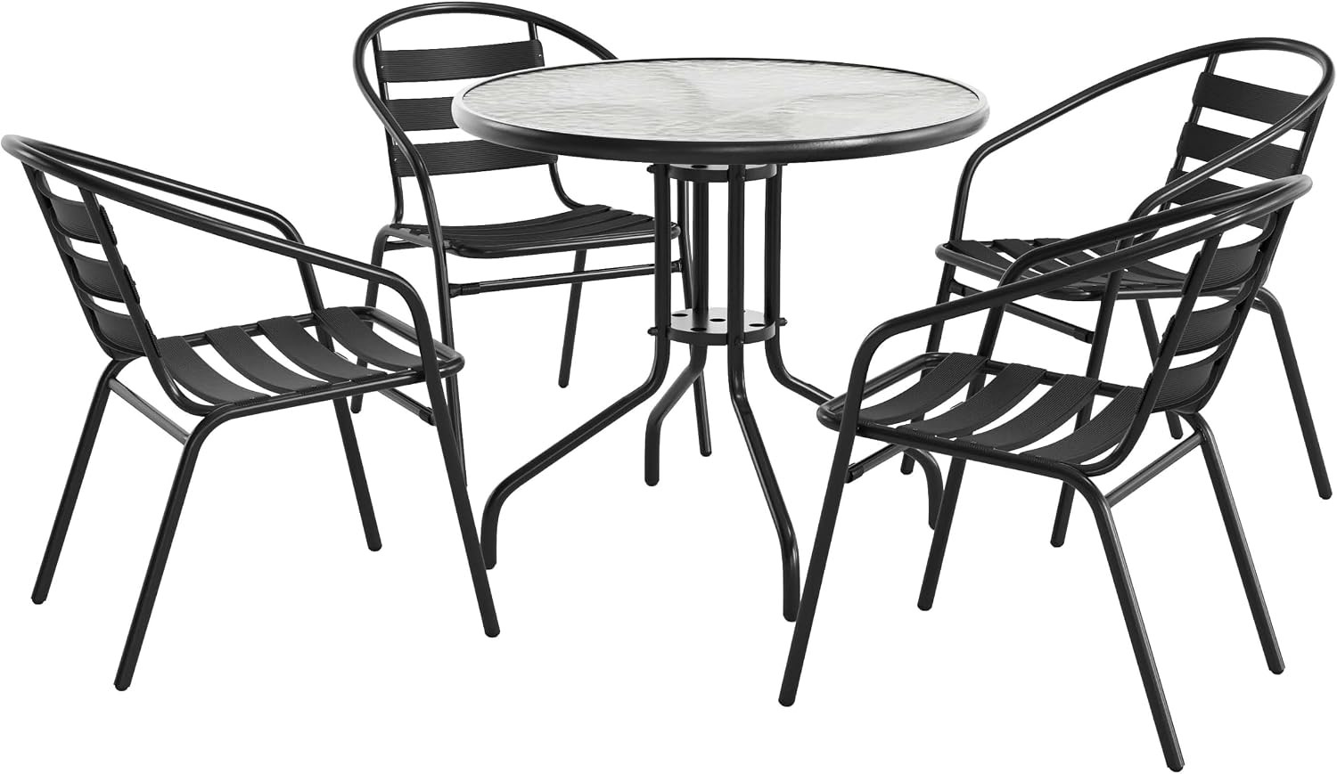 31.5'' round Glass Metal Table with 4 Black Metal Aluminum Slat Stack Chairs