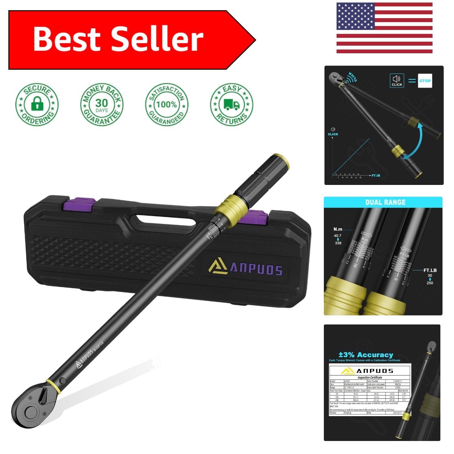 Durable Chrome Vanadium 1/2-Inch Click Torque Wrench 30-250 Ft-Lb for Mechanics