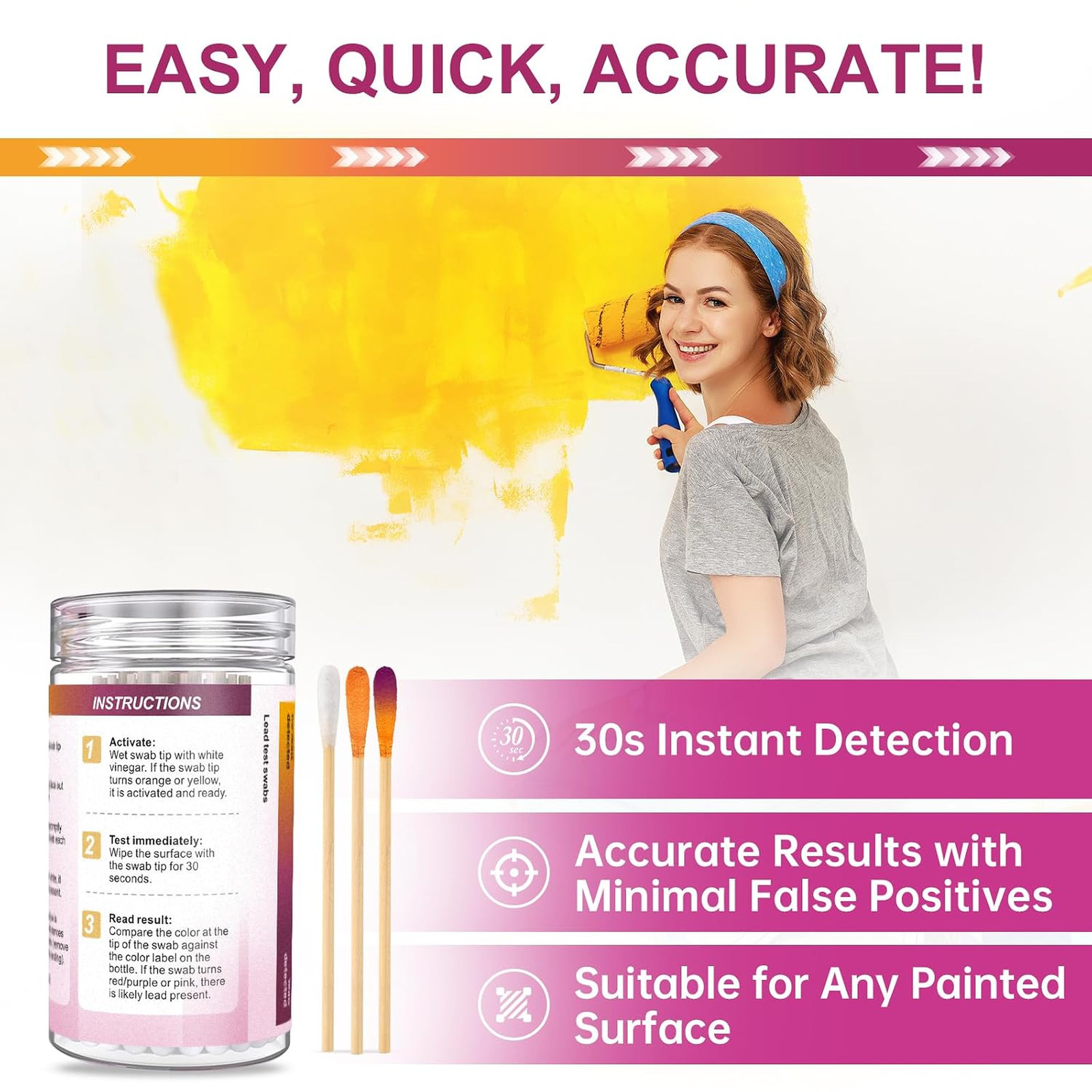 Lead Test Kit with 30 Swabs, Enhanced Lead Detection Formulation, Home Test for
