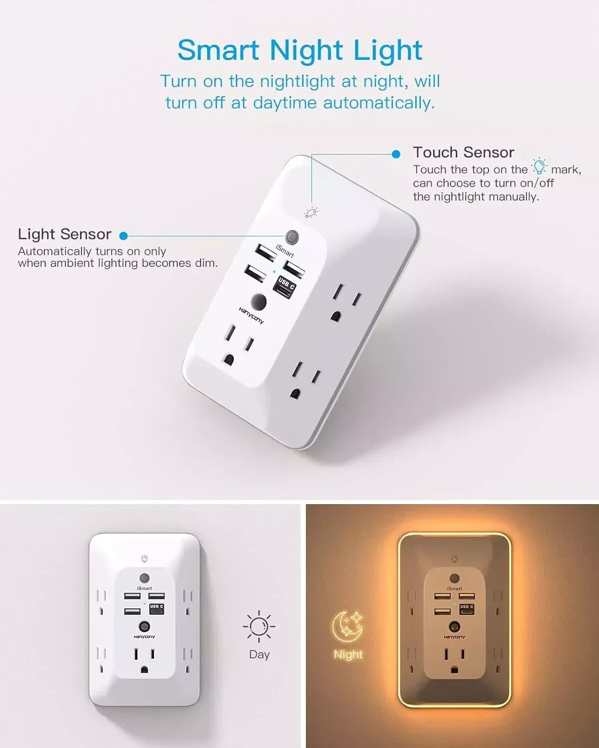 5 Outlet Extender Surge Protector Multi Plug Wall Adapter USB Charger Ports with